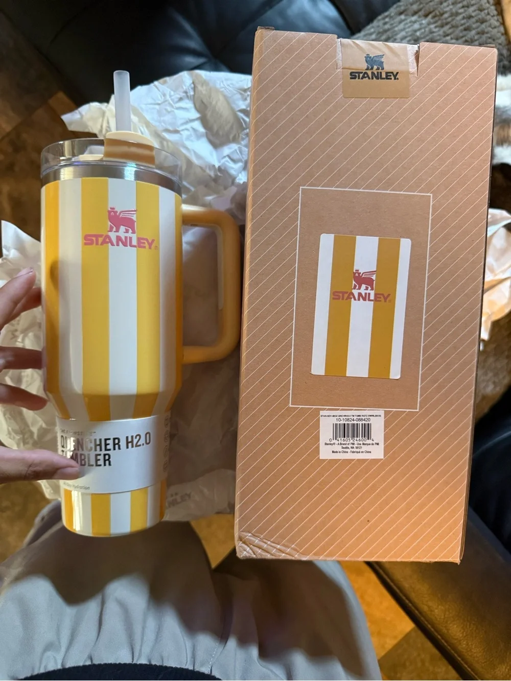 Stanley Yellow & White Striped Quencher Tumbler with Handle